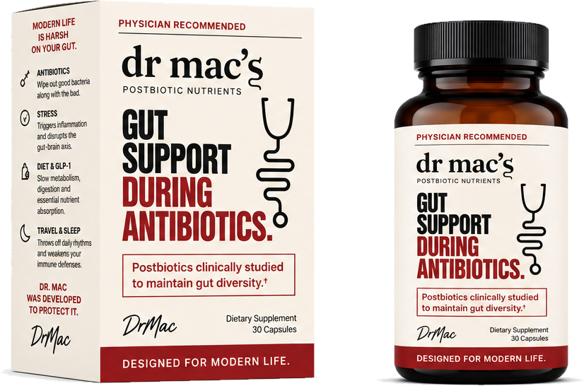 dr mac's Gut Support box and amber bottle
