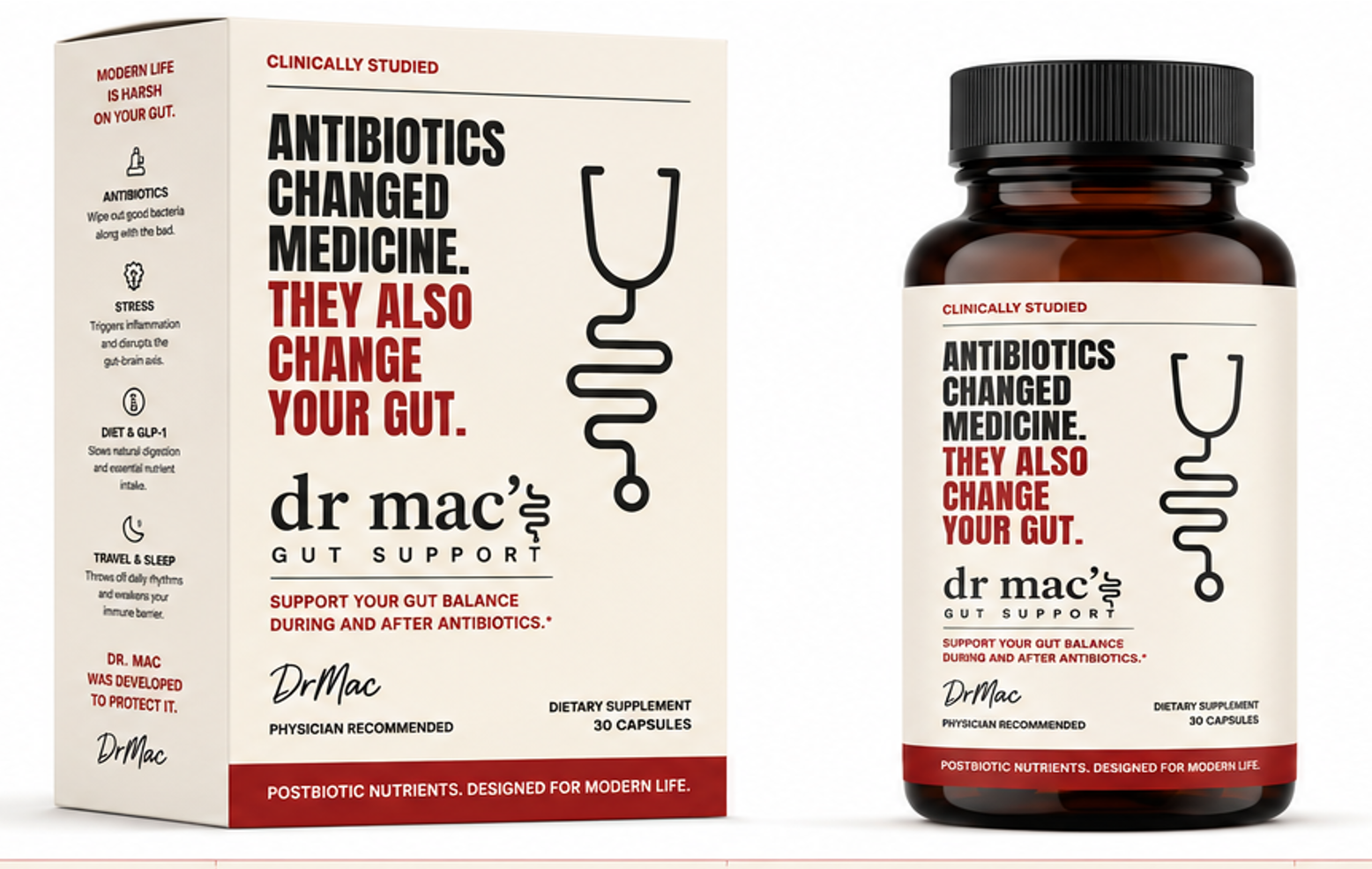 dr mac's Gut Support box and amber bottle